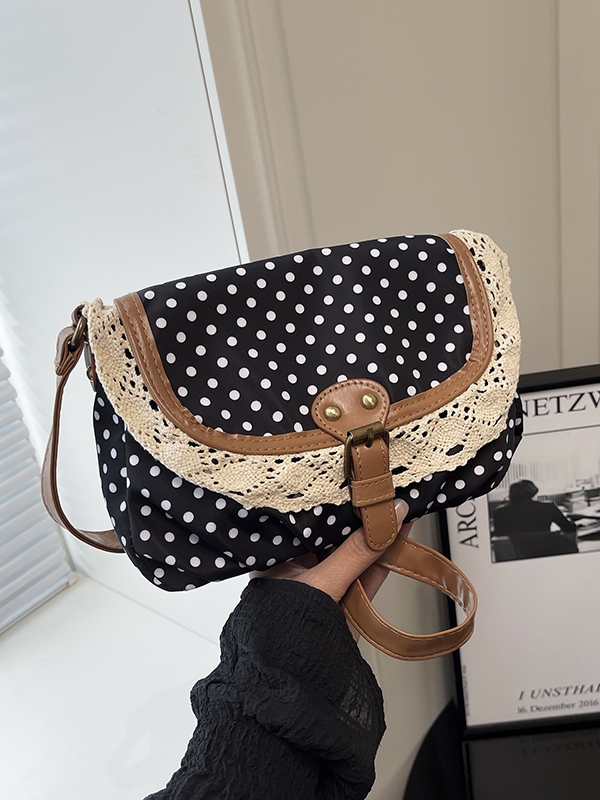 Women'S Young Bags - Retro Polka-Dot-Schultertasche mit Spitzenbesatz aus Canvas,
